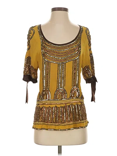 Pre-owned Tracy Reese 3/4 Sleeve Silk Top Gold Square Neckline Tops