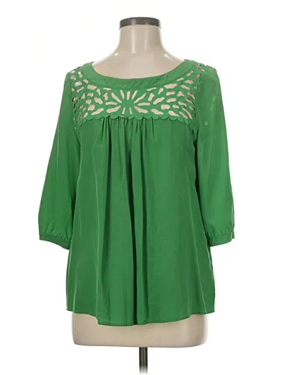 Pre-owned Tracy Reese 3/4 Sleeve Silk Top Green Keyhole Neckline Tops