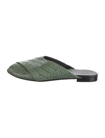 Pre-owned Trademark Embossed Leather Animal Print Mules In Green