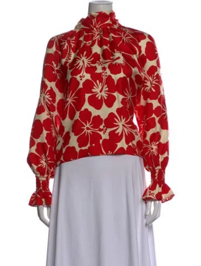 Pre-owned Trademark Floral Print Mock Neck Blouse In Red