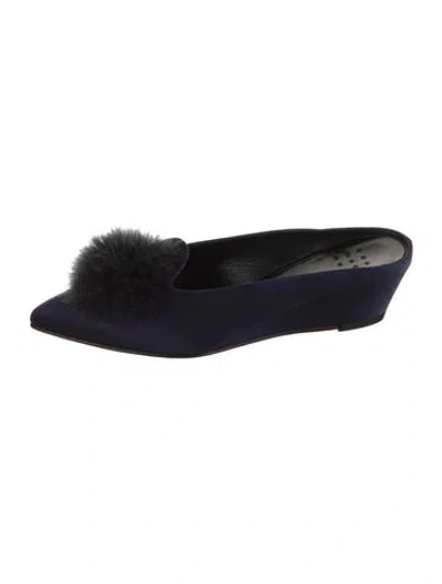 Pre-owned Trademark Satin Pom-pom Embellishments Flats In Blue