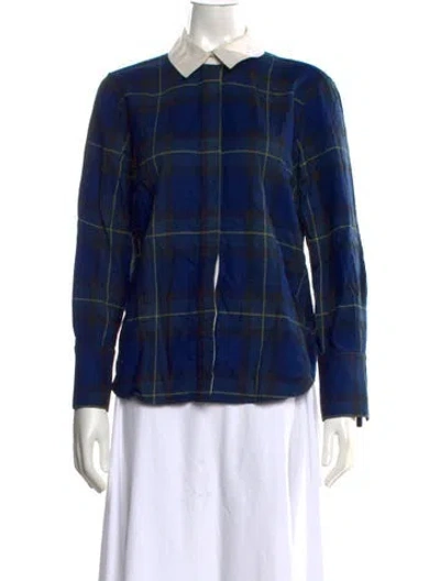 Pre-owned Trademark Wool Plaid Print Button-up Top In Blue