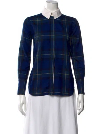 Pre-owned Trademark Wool Plaid Print Top In Blue