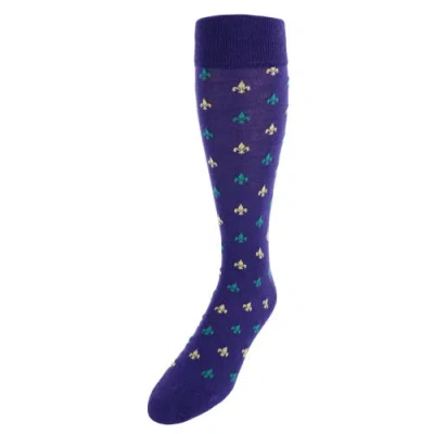 Trafalgar Atlas Fleur De Lis Over The Calf Fine Merino Wool Socks In Purple/green/yolk Fleur Di Lis