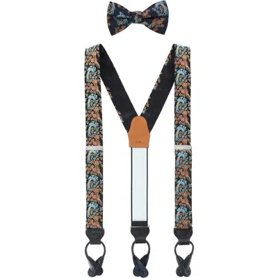 Trafalgar Birds Of Prosperity Silk Button End Suspenders (braces) And Bow Tie Set In Black