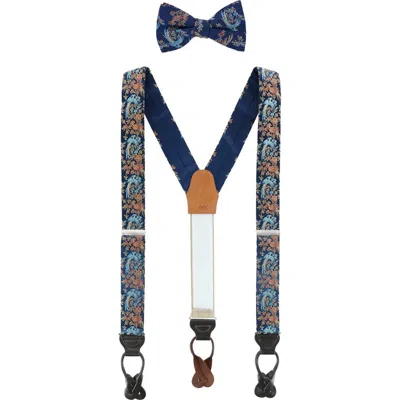 Trafalgar Birds Of Prosperity Silk Button End Suspenders (braces) And Bow Tie Set In Navy