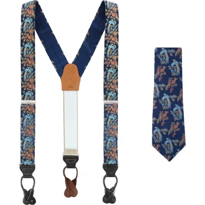 Trafalgar Birds Of Prosperity Silk Button End Suspenders (braces) And Necktie Set In Navy