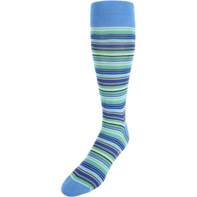 Trafalgar Brady Multi Stripe Mid-calf Mercerized Cotton Socks In Blue/ Green/ Yellow Stripes