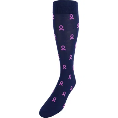Trafalgar Breast Cancer Awareness Over The Calf Mercerized Cotton Socks In Navy With Pink Ribbons