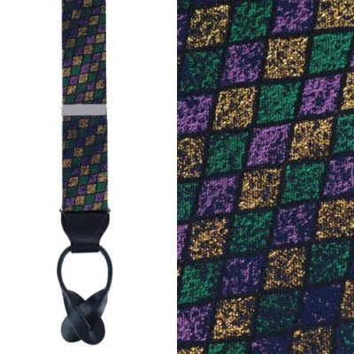 Trafalgar Carnival Diamond Multi-colored Novelty Silk Button End Suspenders In Purple, Green, And Yellow