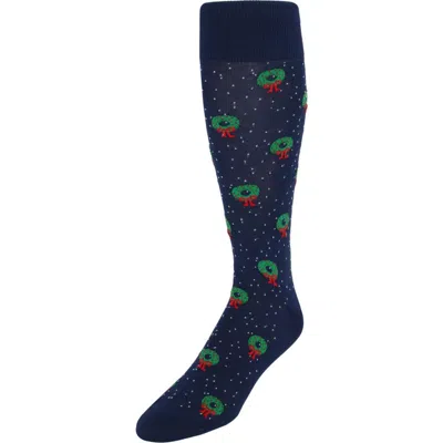 Trafalgar Deck The Halls Holiday Wreath Over The Calf Mercerized Cotton Socks In Blue