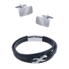 Trafalgar Diagonal Rhodium Cufflinks & Infinity Triple Band Leather Bracelet In Silver