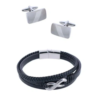 Trafalgar Diagonal Rhodium Cufflinks & Infinity Triple Band Leather Bracelet In Silver