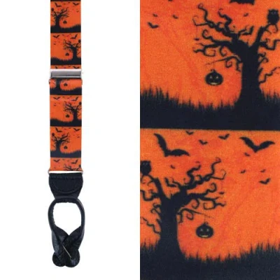Trafalgar Halloween Spooky Scene Silk Button End Suspenders In Black And Orange