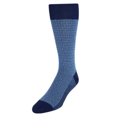 Trafalgar Horatio Cross Hatch Design Mid-calf Mercerized Cotton Socks In Navy With Sky Blue