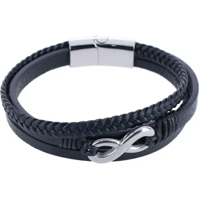 Trafalgar Infinity Triple Band Secure Clasp Leather Bracelet In Black And Silver