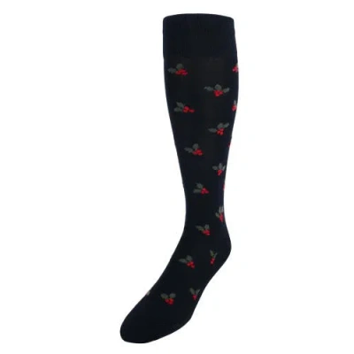 Trafalgar Jolly Holly Over The Calf Holly Christmas Mercerized Cotton Socks In Black With Holly