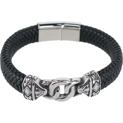 Trafalgar Loose Fit Silver Interlock Pattern On Black Leather Bracelet