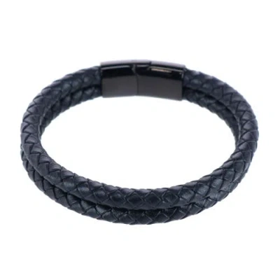 Trafalgar Loose Fit Simple 2 Band Braided Secure Clasp Leather Bracelet In Black