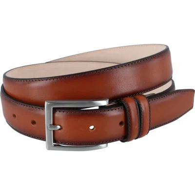 Trafalgar Malik Burnished Feather Edged 32mm Leather Belt In Brown