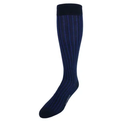 Trafalgar Nigel Over The Calf Vertical Stripe Mercerized Cotton Socks In Navy With Blue Stripe