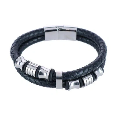 Trafalgar Silver And Leather Double Band Secure Clasp Bracelet In Black And Silver