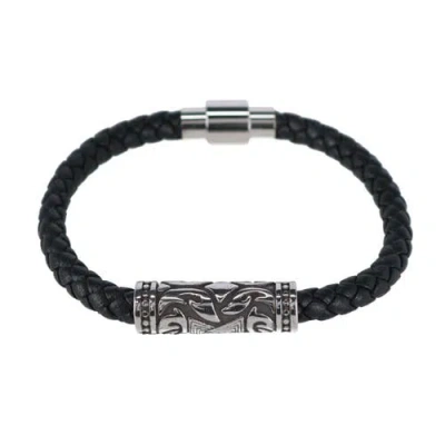 Trafalgar Silver Filigree Pattern On Black Leather Bracelet