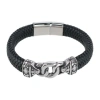 Trafalgar Silver Interlock Pattern On Black Leather Bracelet In Black