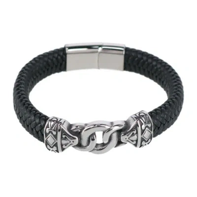 Trafalgar Silver Interlock Pattern On Black Leather Bracelet