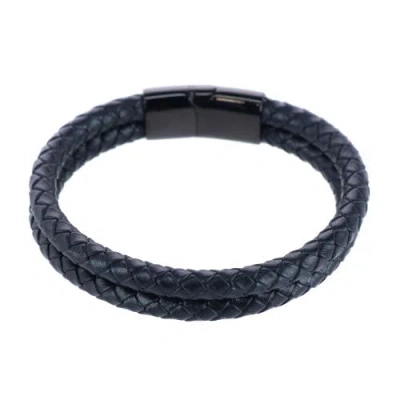 Trafalgar Simple Double Band Braided Secure Clasp Leather Bracelet In Black