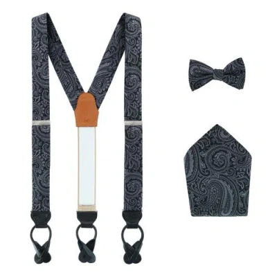 Trafalgar Sobee Paisley Brace Bow Tie & Pocket Square Set In Black