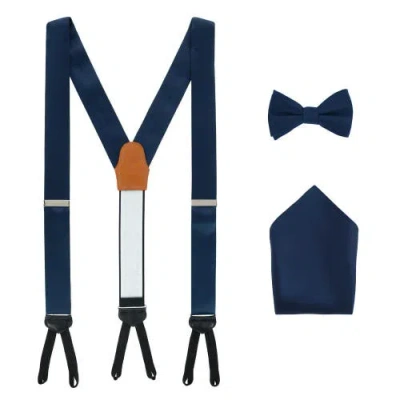 Trafalgar Sutton Solid Color Silk Brace Bow Tie & Pocket Square Combo In Navy