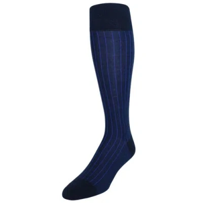 Trafalgar Valentino Vertical Stripe Over The Calf Mercerized Cotton Sock In Navy With Royal Blue Stripes