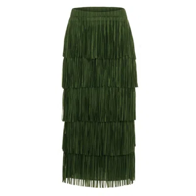 Traffic People Women's Anything Goes Green Fringed Tiered Gracie Maxi Skirt
