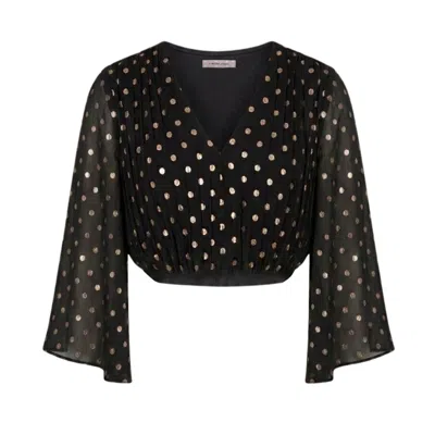 Traffic People Women's Black / Gold Many Moons Sheer Black Gold Polka Dot Circe Cropped Top