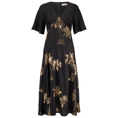 Traffic People Women's Black / Gold Palms Of Gold Black Sequin Blythe Midi Dress In Multi