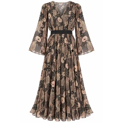 Traffic People Women's Black / Pink Faded Glory Black Pink Paisley Print Circe Long Sleeve Maxi Dress In Brown