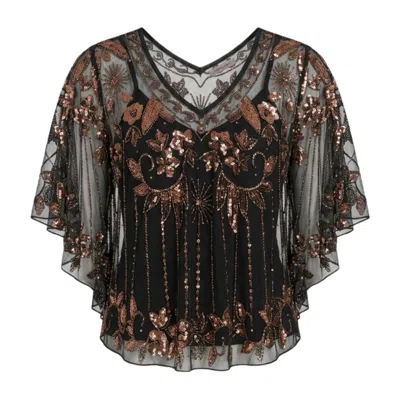Traffic People Women's Black / Rose Gold Talitha's Dream Black Sheer Bronze Beaded Sequin Poncho Top
