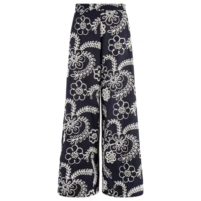 Traffic People Women's Blue / White Sandrine's Smile Navy Blue And White Floral Rene Wide Leg Trousers In Black