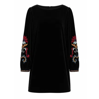 Traffic People Women's Folklore Black Velvet Long Sleeve Embellished Shift Mini Dress