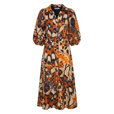 Traffic People Women's Orange / Black Metamorphosis Orange And Black Butterfly Print Frida Midi Dress In Multi