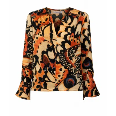 Traffic People Women's Orange / Black Metamorphosis Orange And Black Butterfly Print The Dandy Long Sleeve Blouse In Orange/black