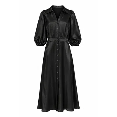 Traffic People Women's Smooth Operator Black Satin Button Front Frida Midi Dress