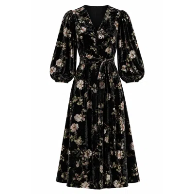 Traffic People Women's Swan Song Black Velvet Floral Tie Waist Lulu Midi Dress