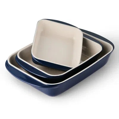 Tramontina Mae 3-piece Ceramic Porcelain Baking Pans Set, Non Stick Casserole Dishes For Oven, Rectangular Bake In Cream,navy