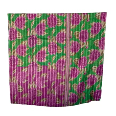 Transcend Green / Black / Pink Roses & Thorns Vintage Kantha Throw In Purple