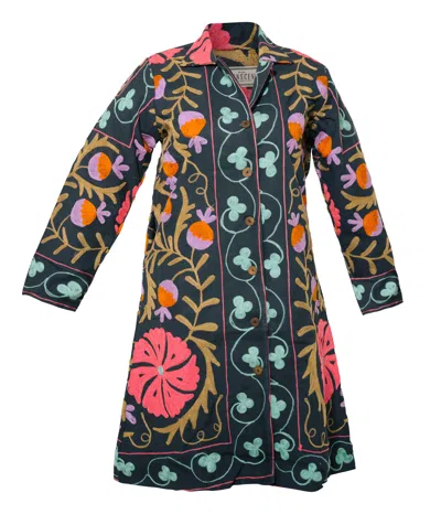 Transcend Women's Black / Pink / Purple Malika Coat - Suzani Embroidery Pink & Green In Black/pink/purple