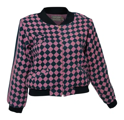 Transcend Women's Black / Pink / Purple Nadia Bomber Jacket - Vintage Kantha - Pink & Black Small Diamonds - L