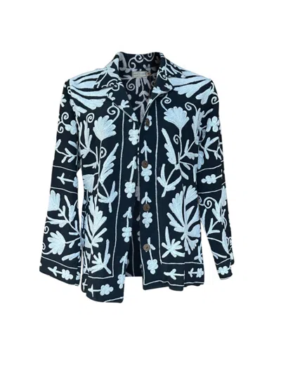 Transcend Women's Black / White Malika Coat Short - Suzani Embroidery Black & White - Large In Black/white