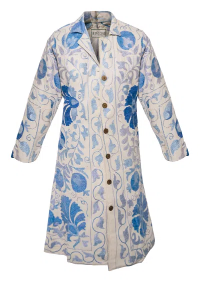 Transcend Women's Blue / White Gul Coat - Suzani Embroidered From Uzbekistan - Blue On White - Small In Blue/white